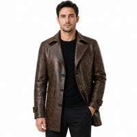Men's Mid Length Button Up Leather Coat