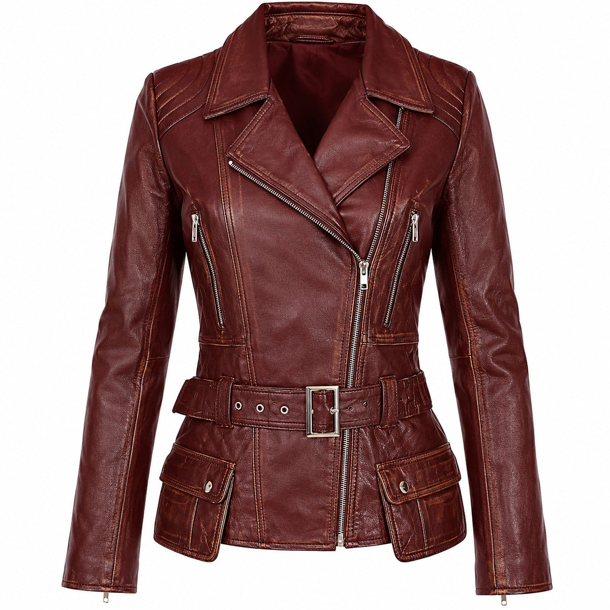 Women's Stylish Belted Motorcycle Leather Jacket