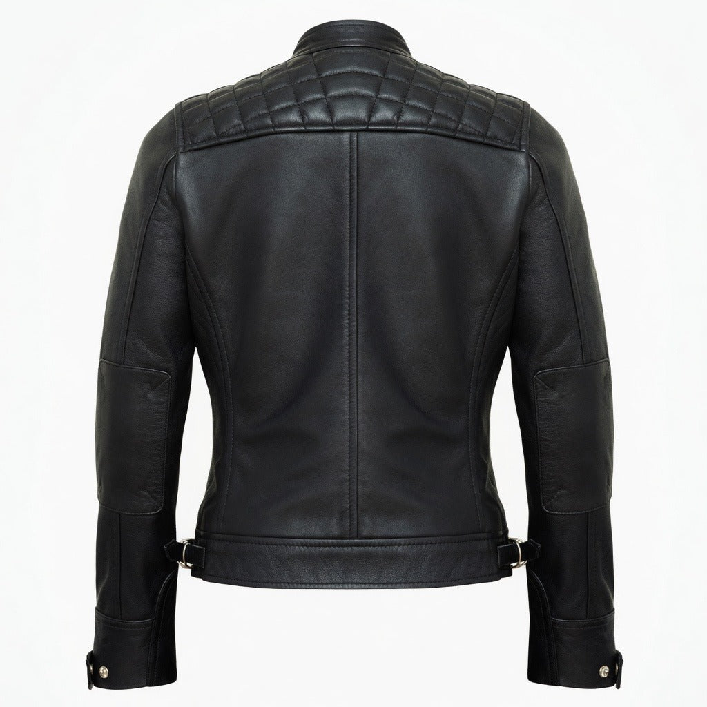 Women's Quilted Shoulder Motorcycle Leather Jacket