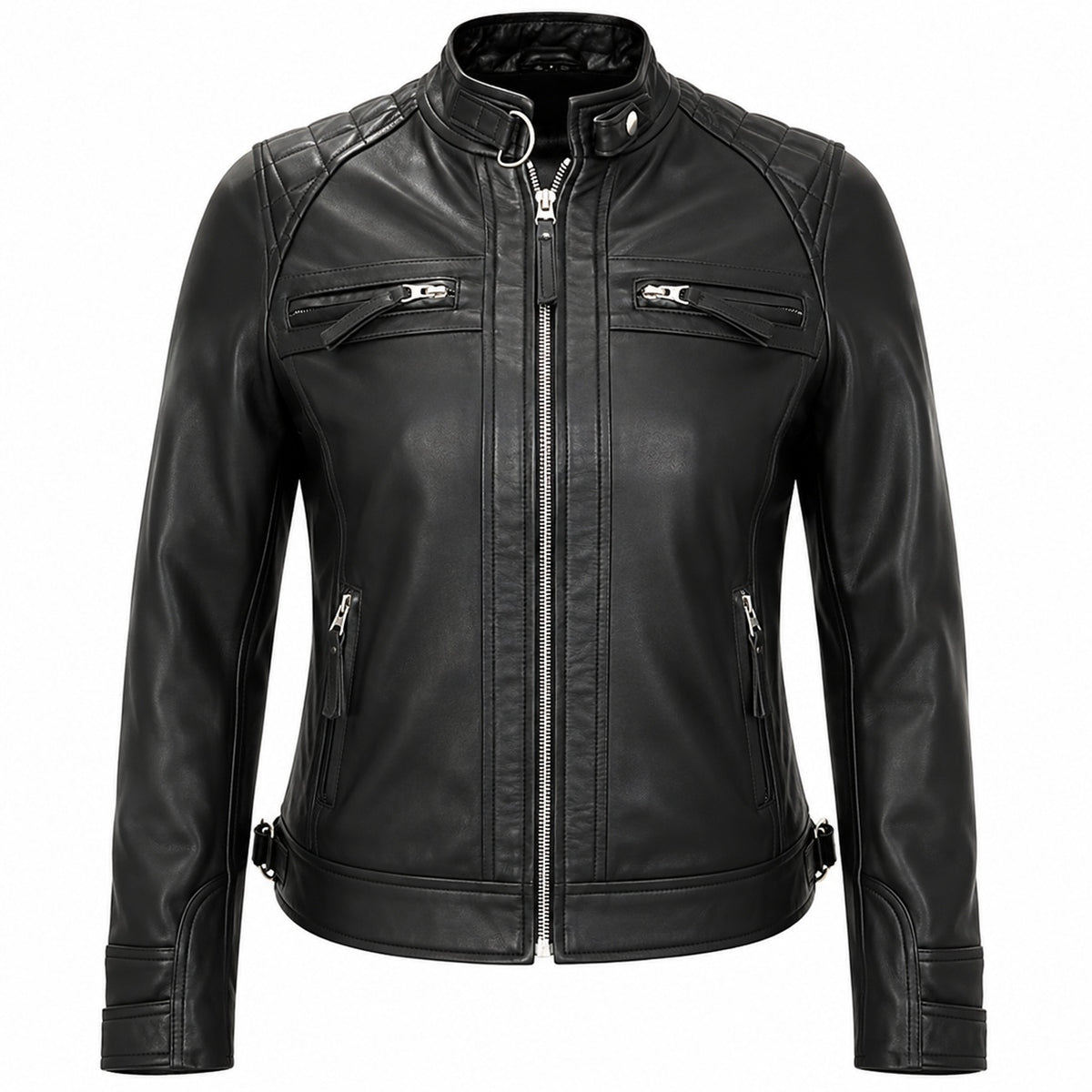 Women's Quilted Shoulder Motorcycle Leather Jacket