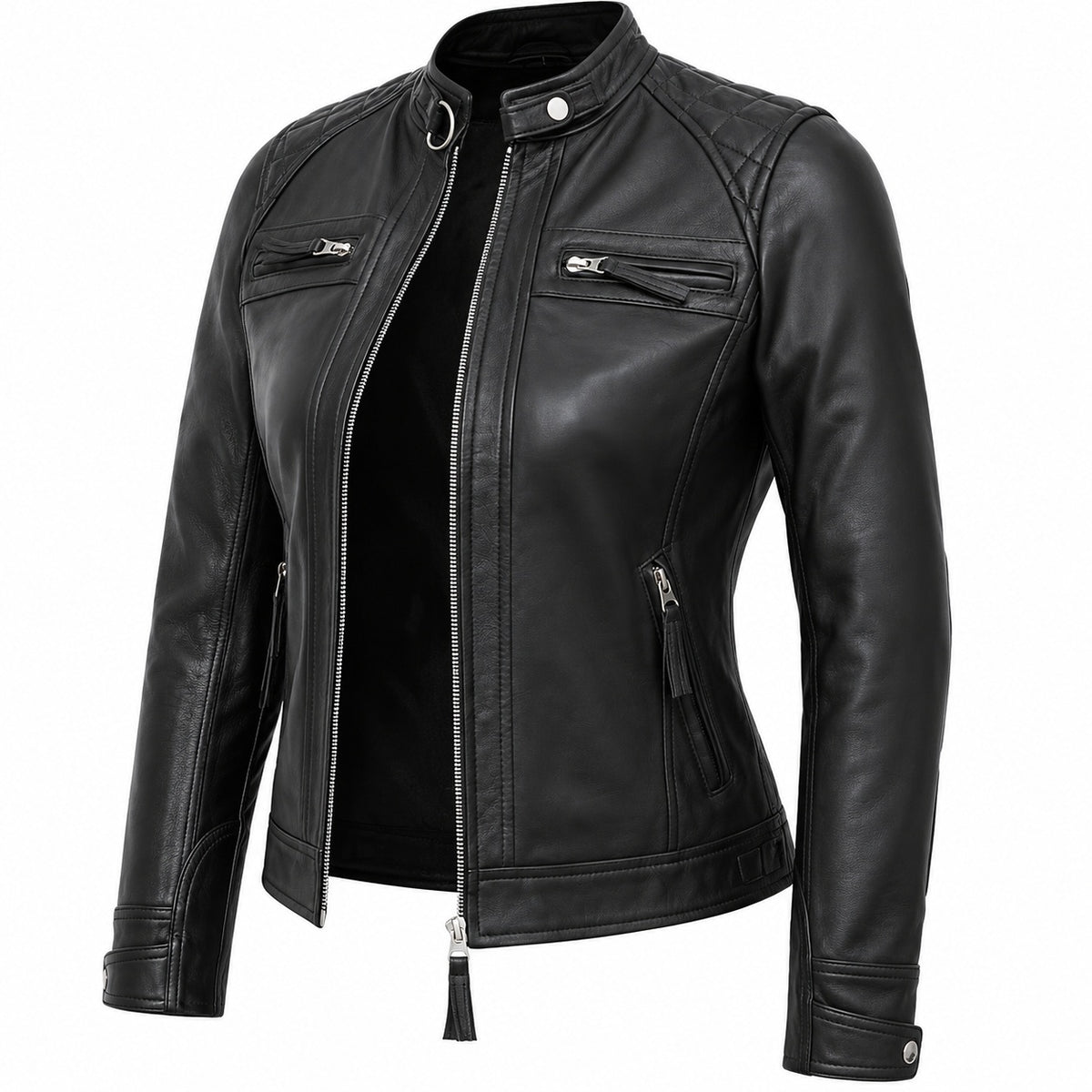 Women's Quilted Shoulder Motorcycle Leather Jacket
