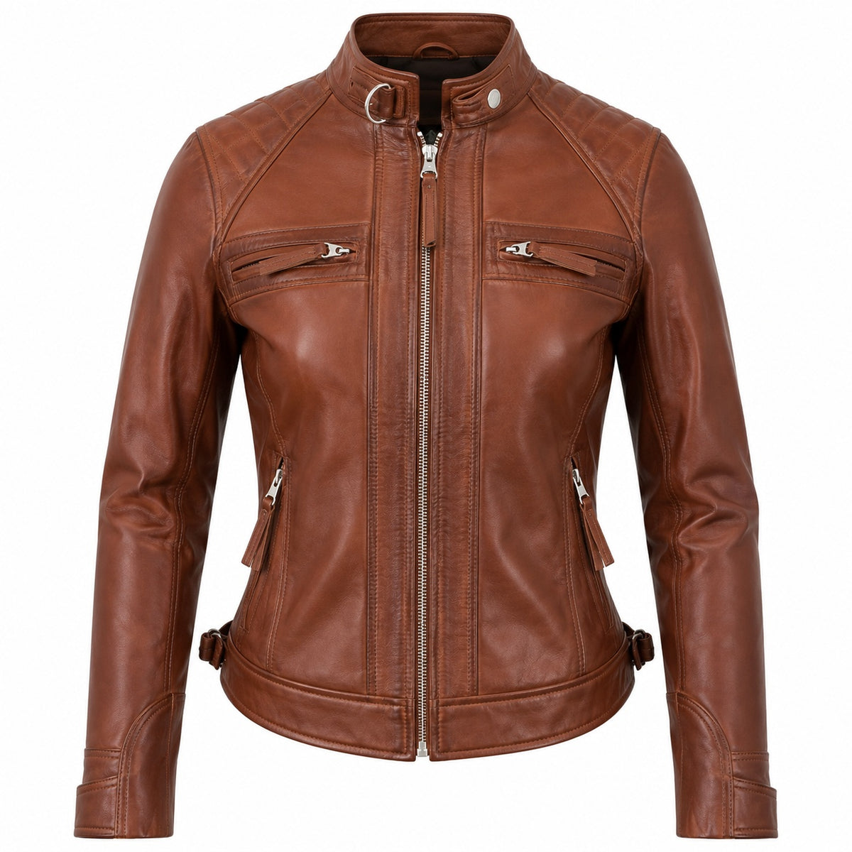 Women's Quilted Shoulder Motorcycle Leather Jacket