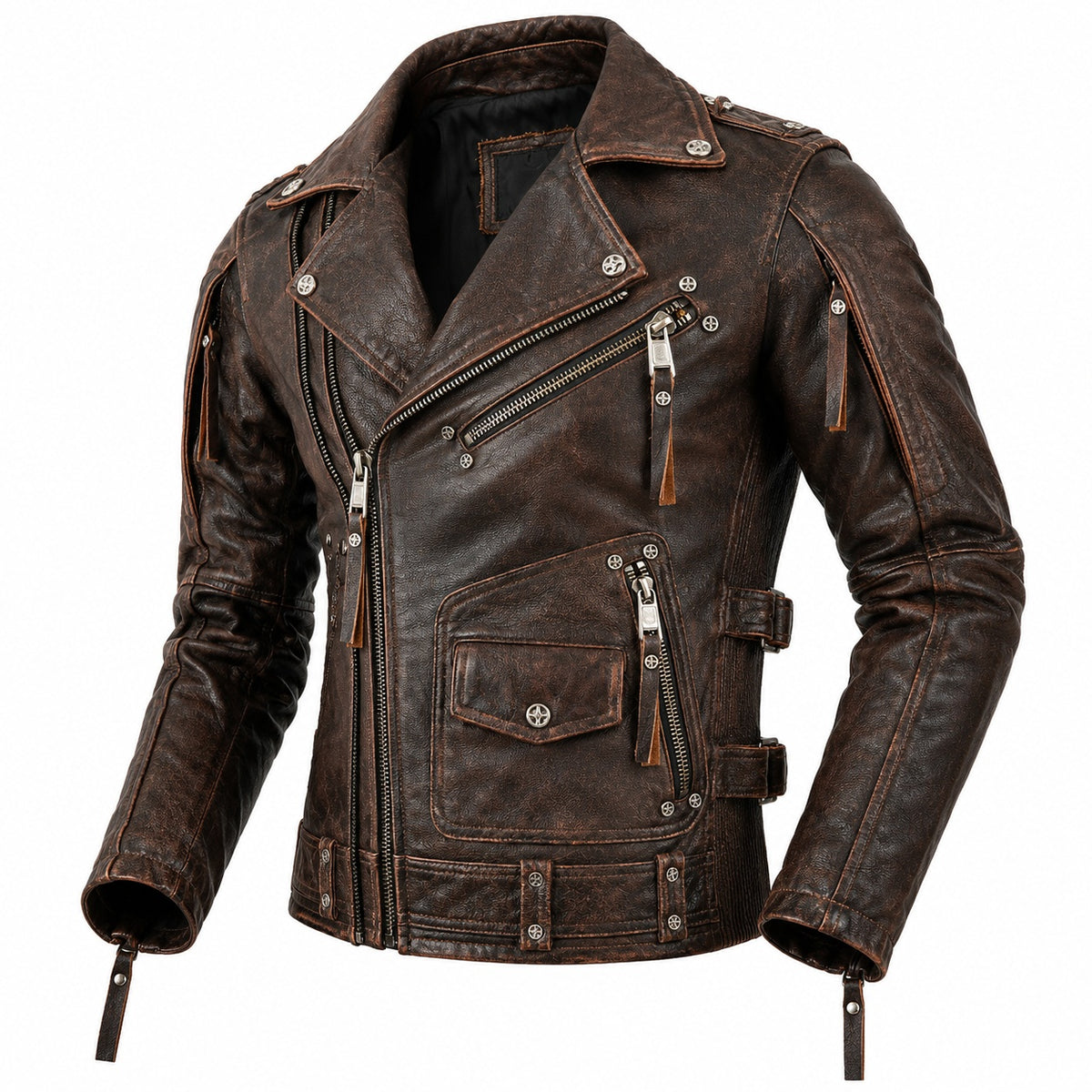 Men's Asymmetrical Retro Genuine Leather Moto Jacket
