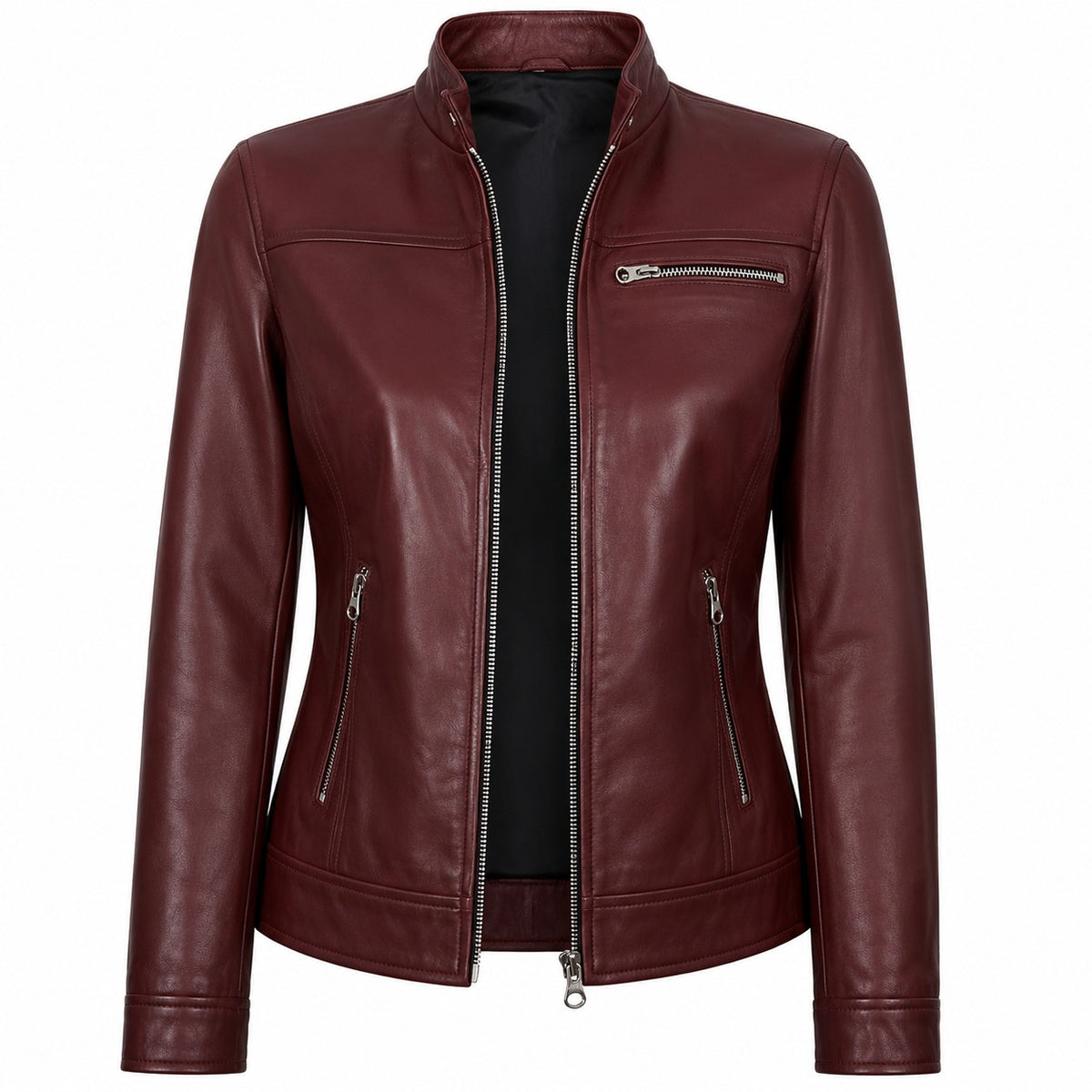 Women's Zip Up Stand Collar Biker Leather Jacket