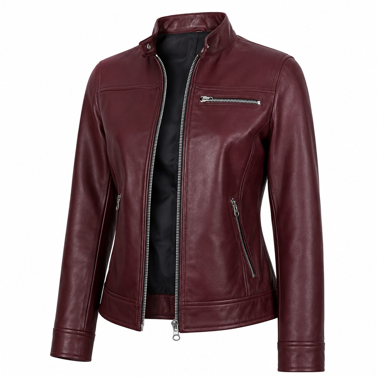 Women's Zip Up Stand Collar Biker Leather Jacket