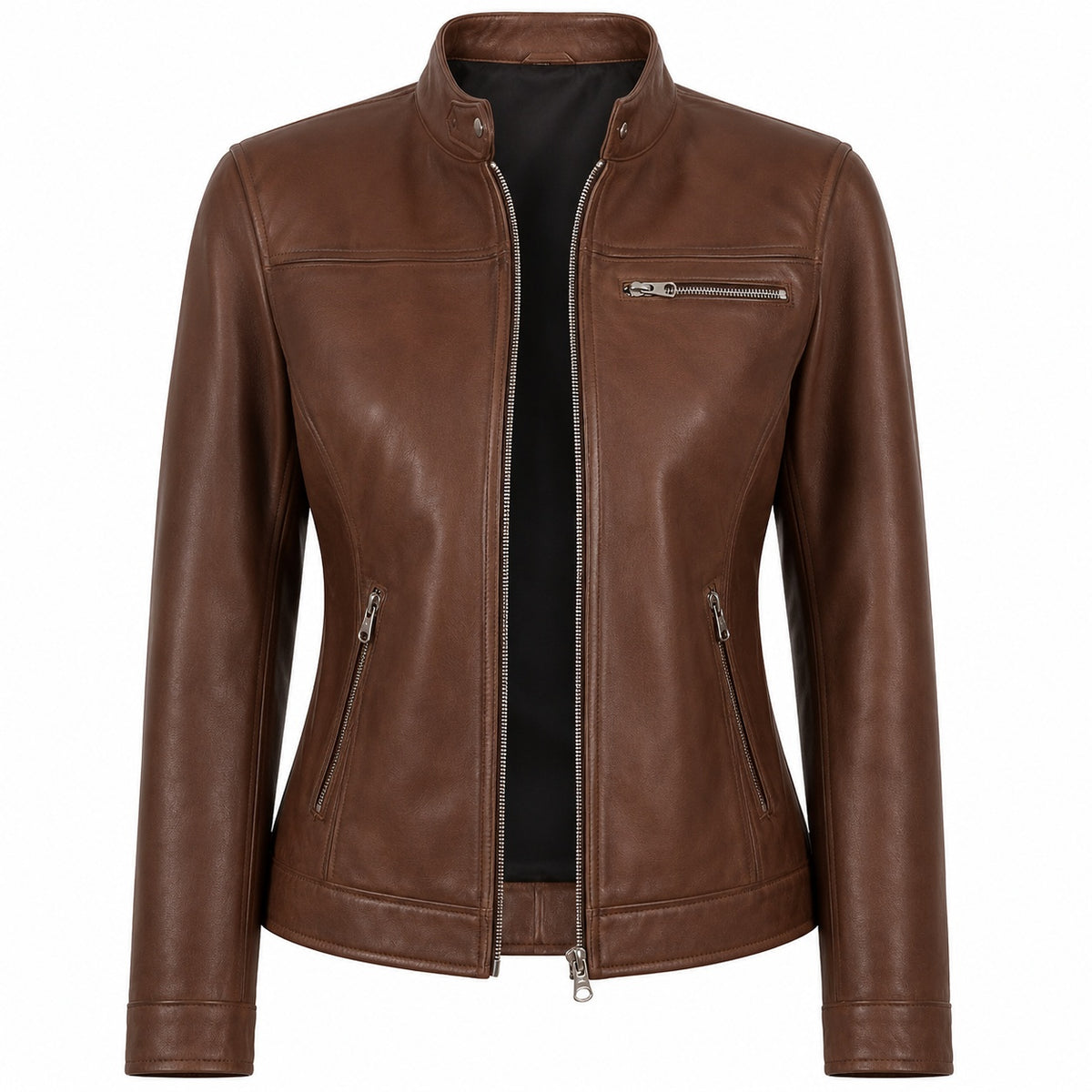 Women's Zip Up Stand Collar Biker Leather Jacket