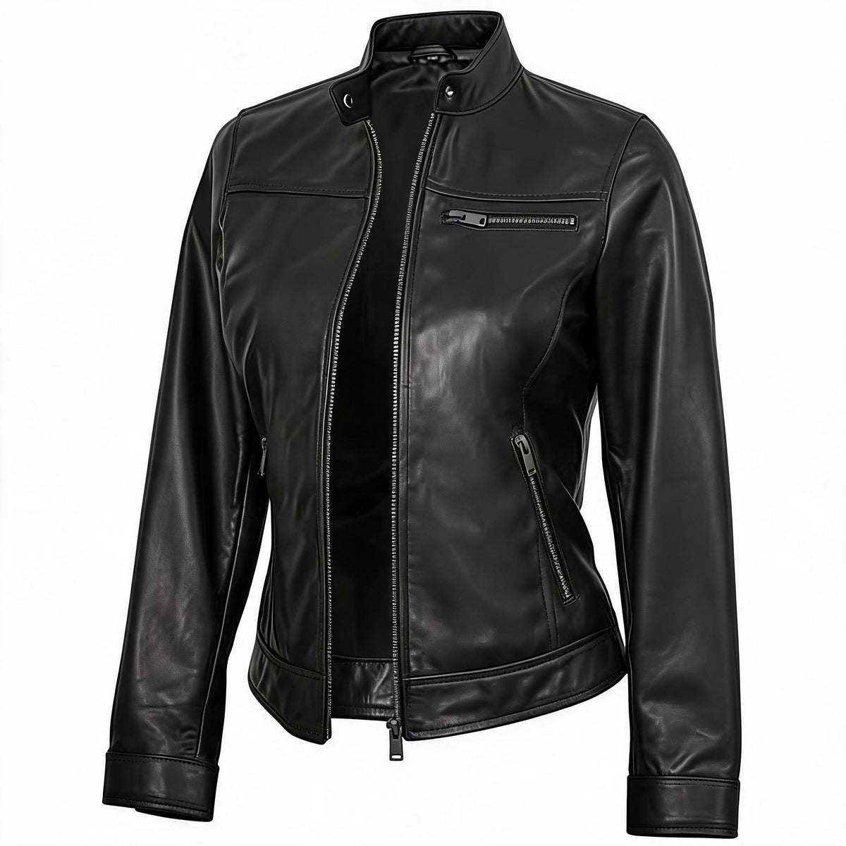 Women's Zip Up Stand Collar Biker Leather Jacket