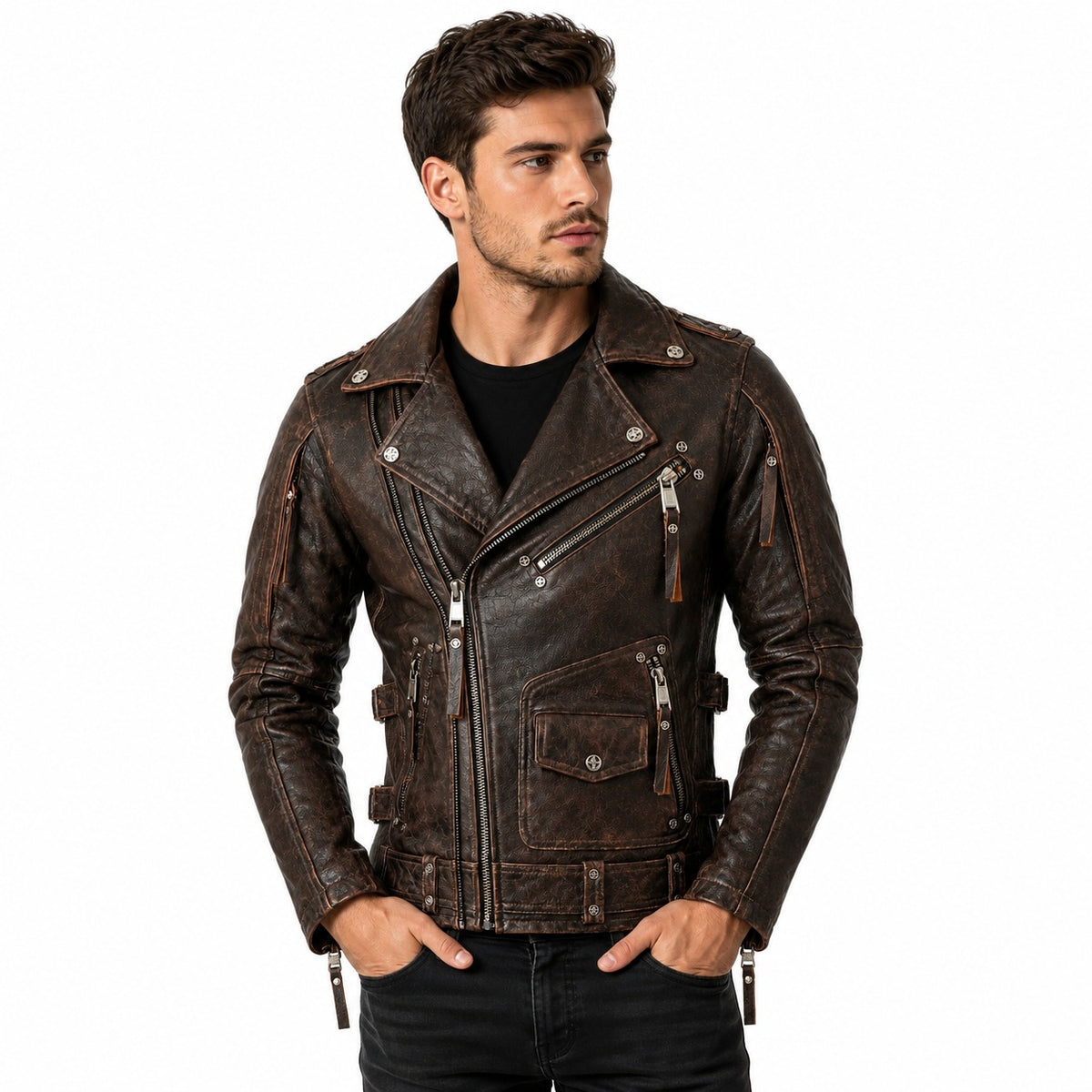Men's Asymmetrical Retro Genuine Leather Moto Jacket