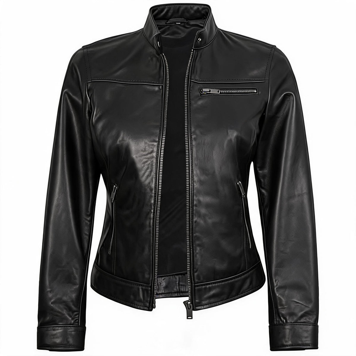 Women's Zip Up Stand Collar Biker Leather Jacket