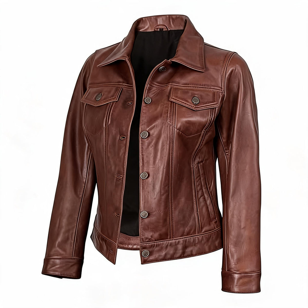 Women's Button Up Shirt Collar Original Leather Jacket
