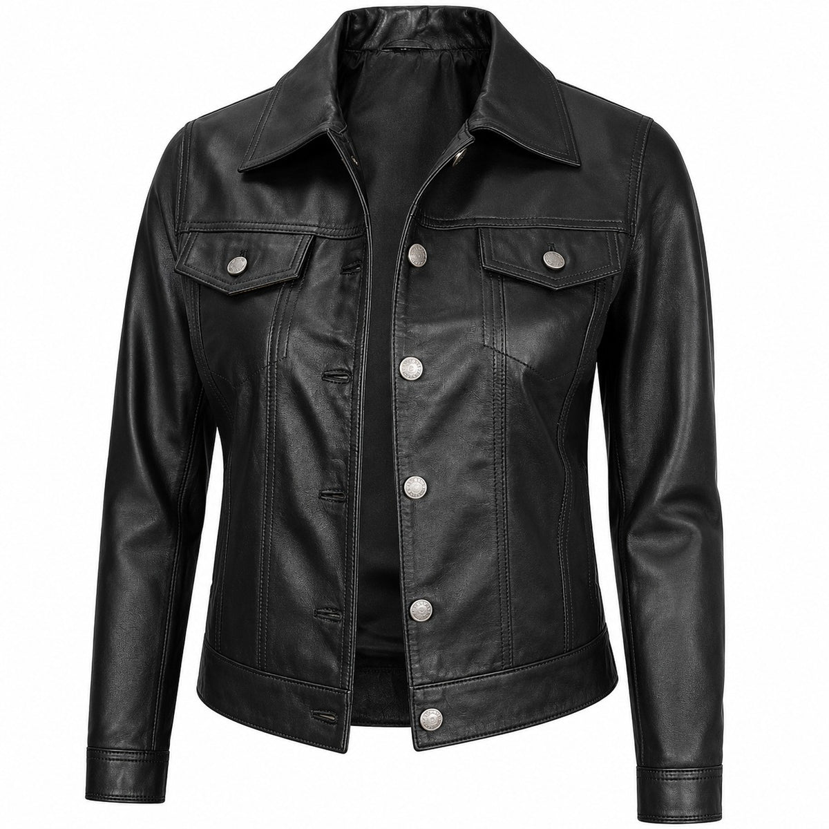 Women's Button Up Shirt Collar Original Leather Jacket