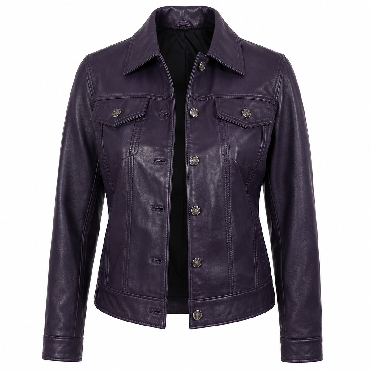 Women's Button Up Shirt Collar Original Leather Jacket