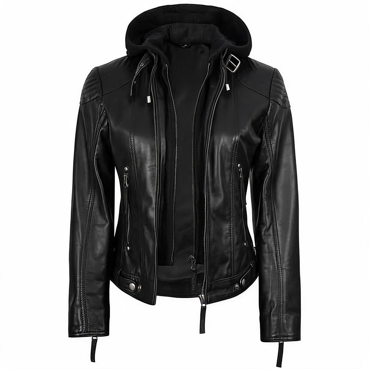 Women's Removebale Hood Biker Leather Jacket