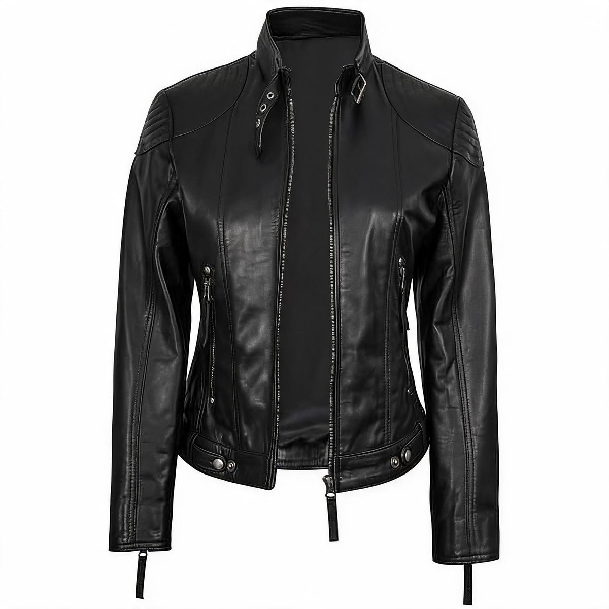 Women's Removebale Hood Biker Leather Jacket