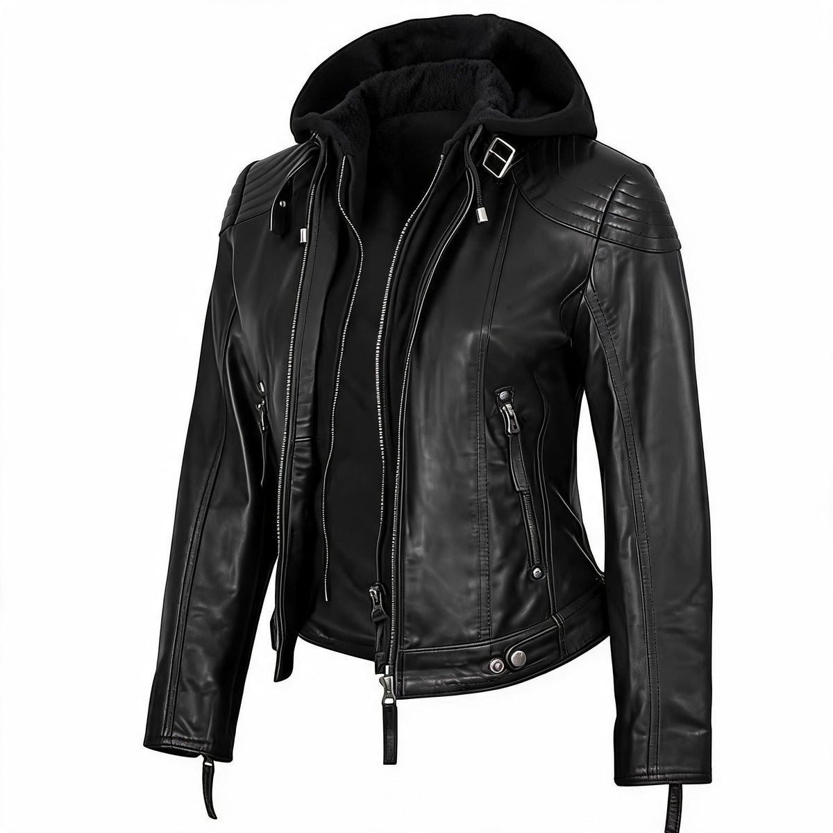 Women's Removebale Hood Biker Leather Jacket