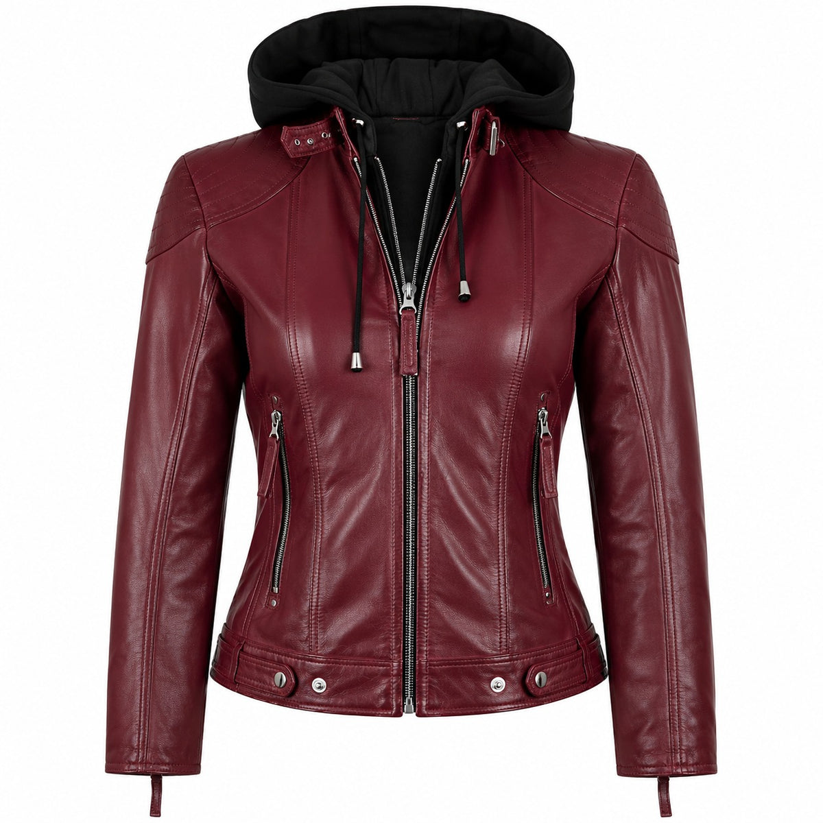 Women's Removebale Hood Biker Leather Jacket
