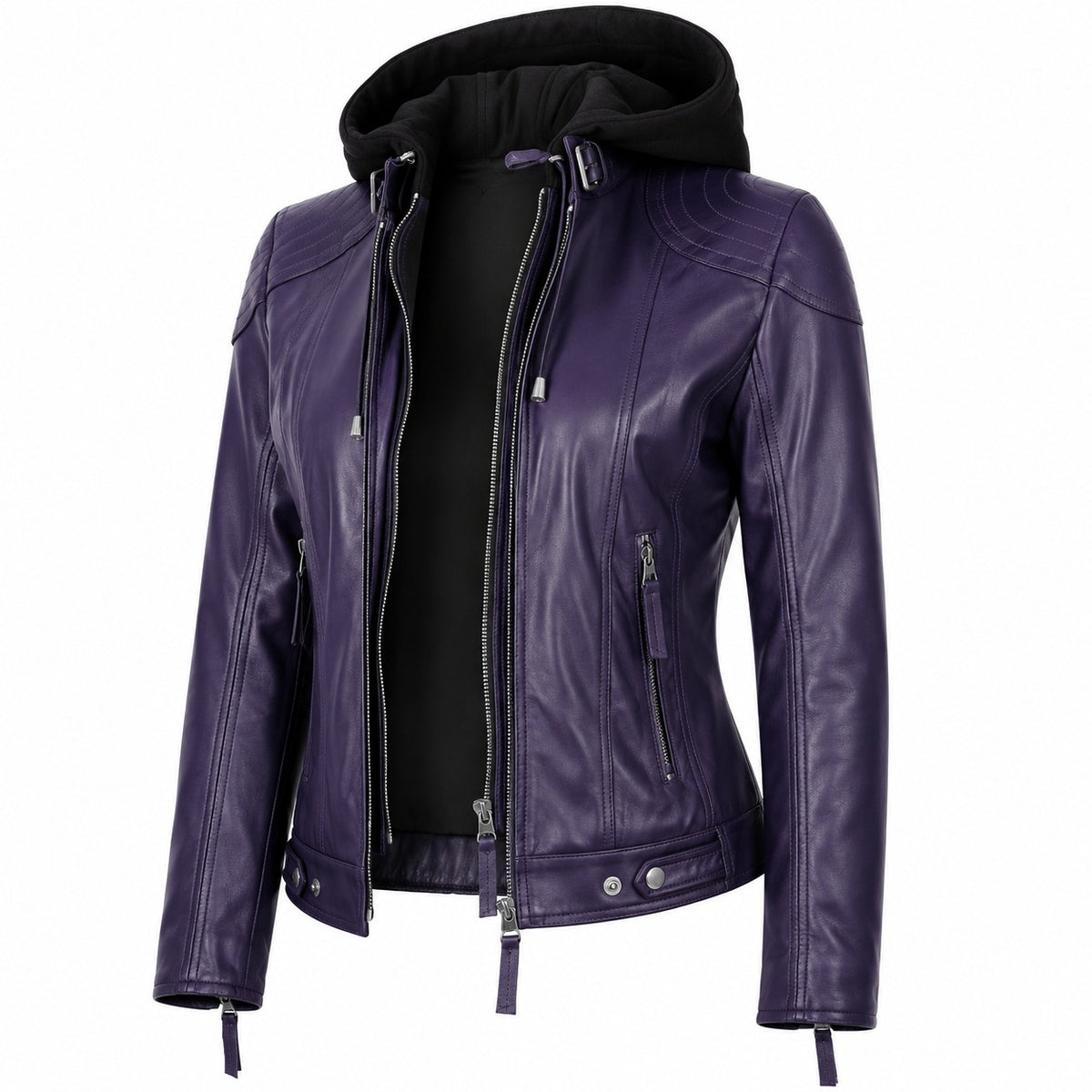 Women's Removebale Hood Biker Leather Jacket