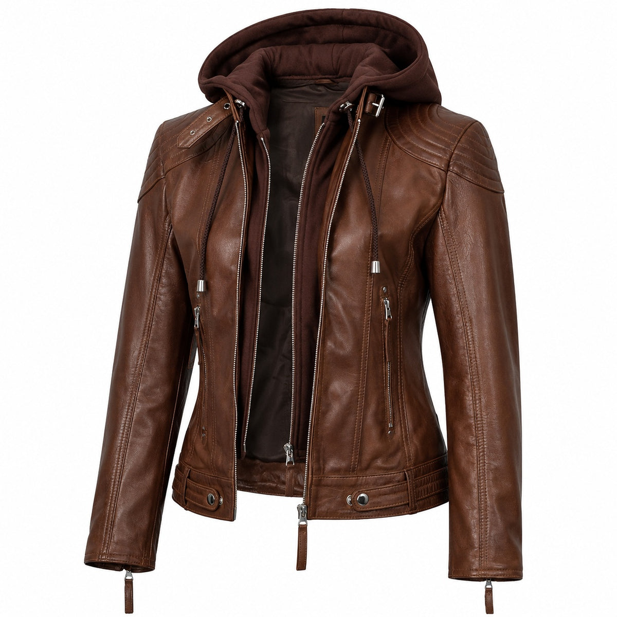 Women's Removebale Hood Biker Leather Jacket