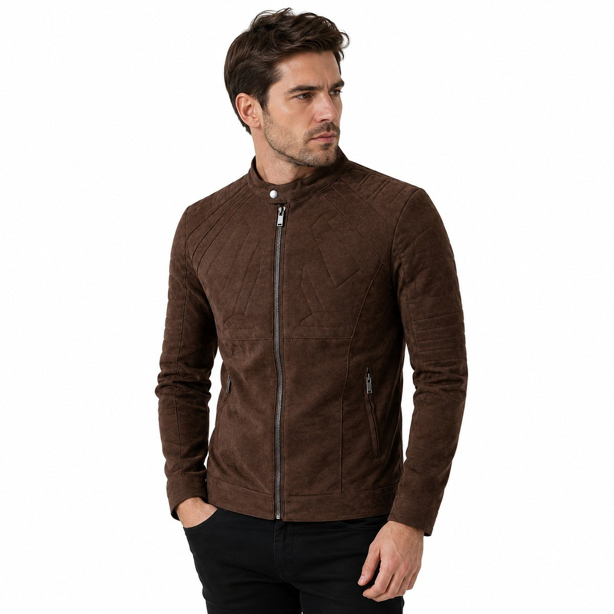 Men's Quilted Shoulder Slim Fit Suede Leather Jacket