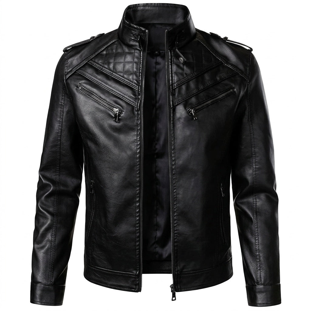 Men's Quilted Shoulder Motorcycle Biker Leather Jacket