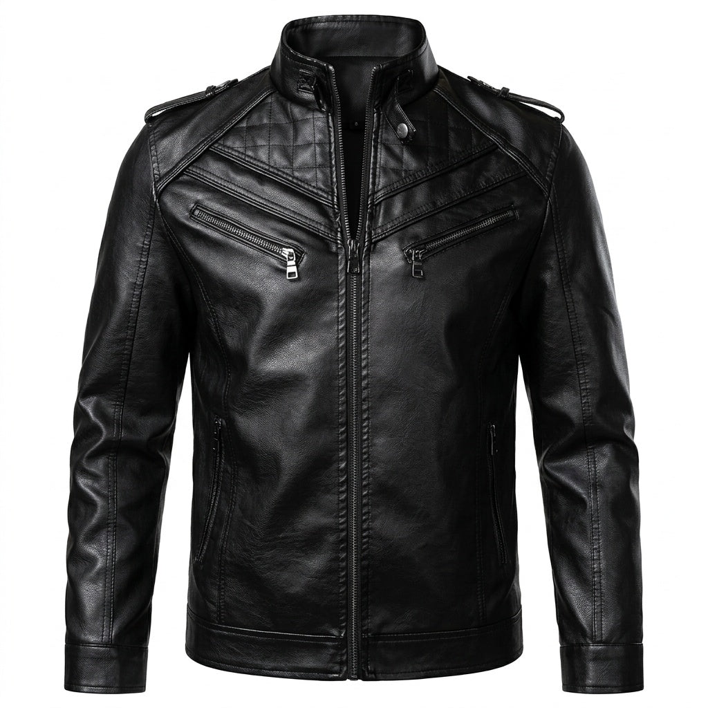 Men's Quilted Shoulder Motorcycle Biker Leather Jacket