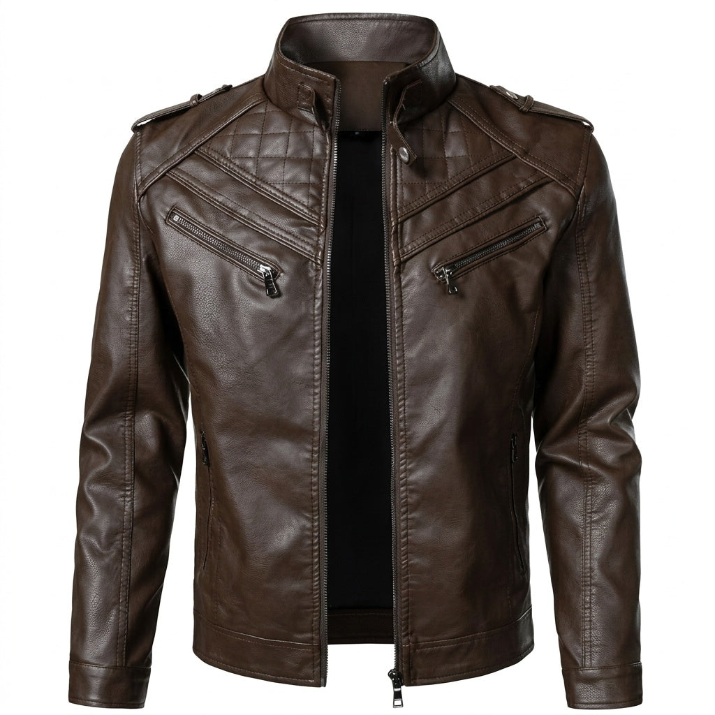 Men's Quilted Shoulder Motorcycle Biker Leather Jacket