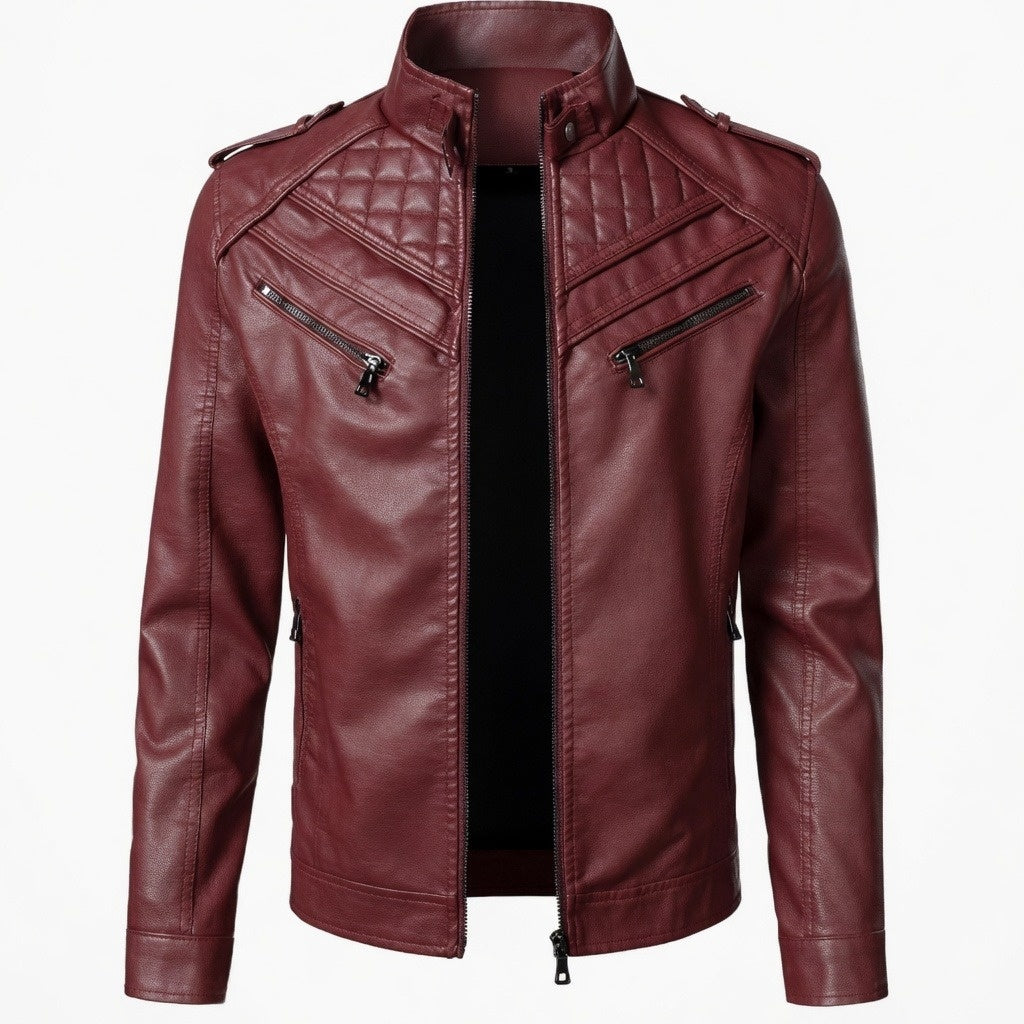 Men's Quilted Shoulder Motorcycle Biker Leather Jacket