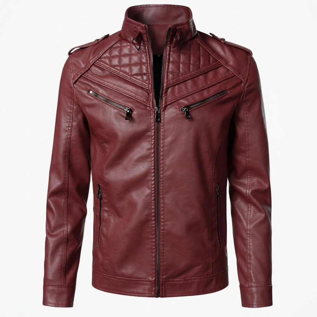 Men's Quilted Shoulder Motorcycle Biker Leather Jacket