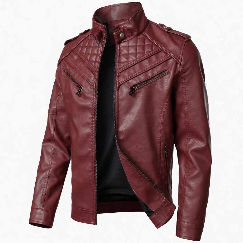 Men's Quilted Shoulder Motorcycle Biker Leather Jacket