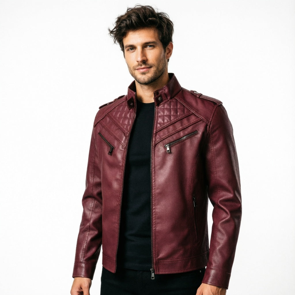 Men's Quilted Shoulder Motorcycle Biker Leather Jacket