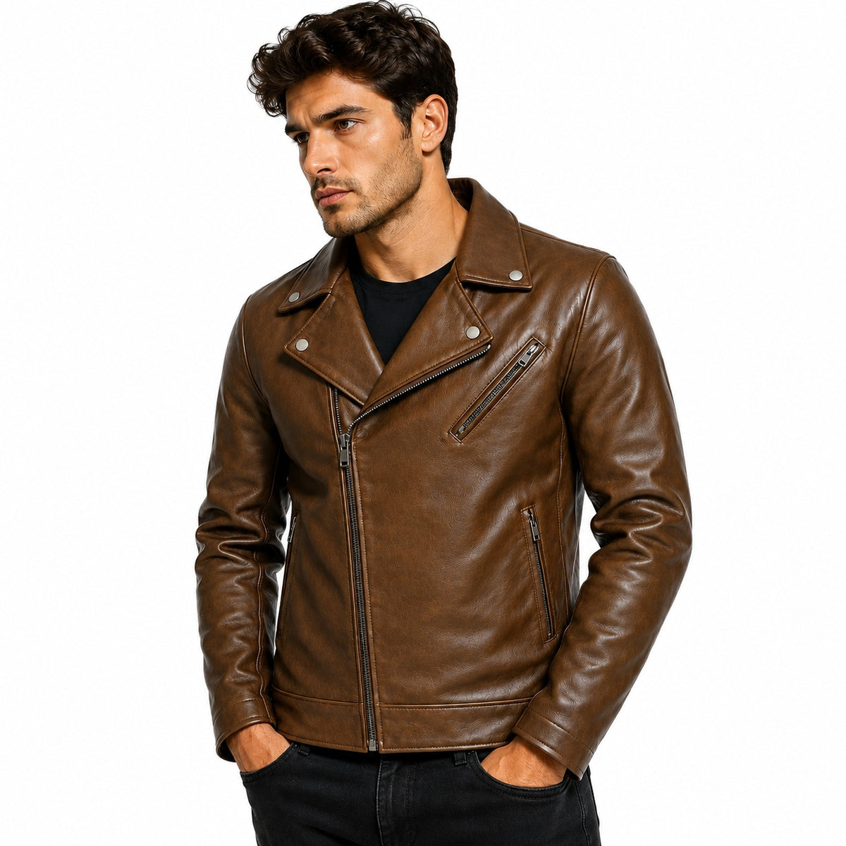 Men's Classic Lapel Genuine Leather Biker Jacket