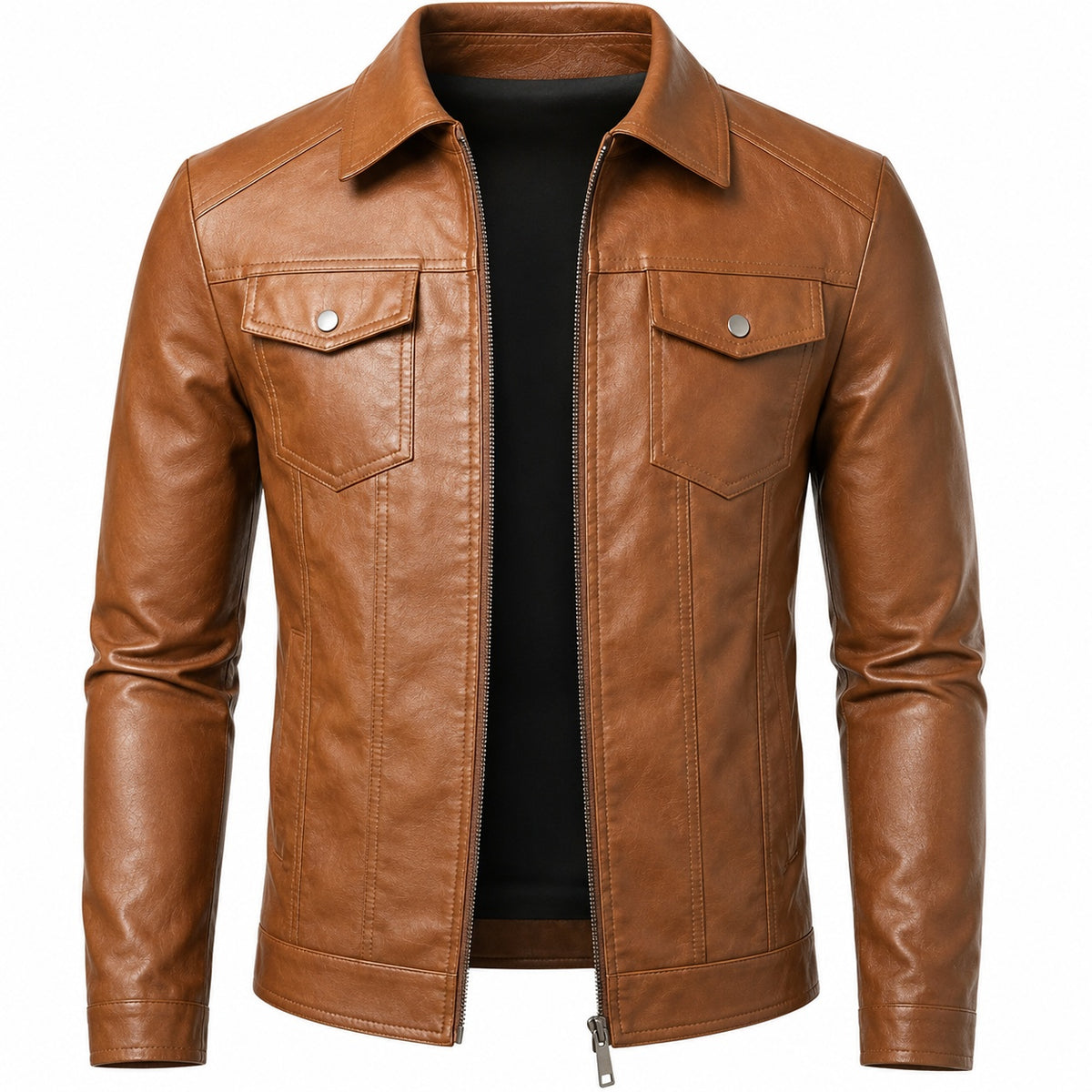 Men's Classic Shirt Collar Zip-Up Motorcycle Leather Jacket