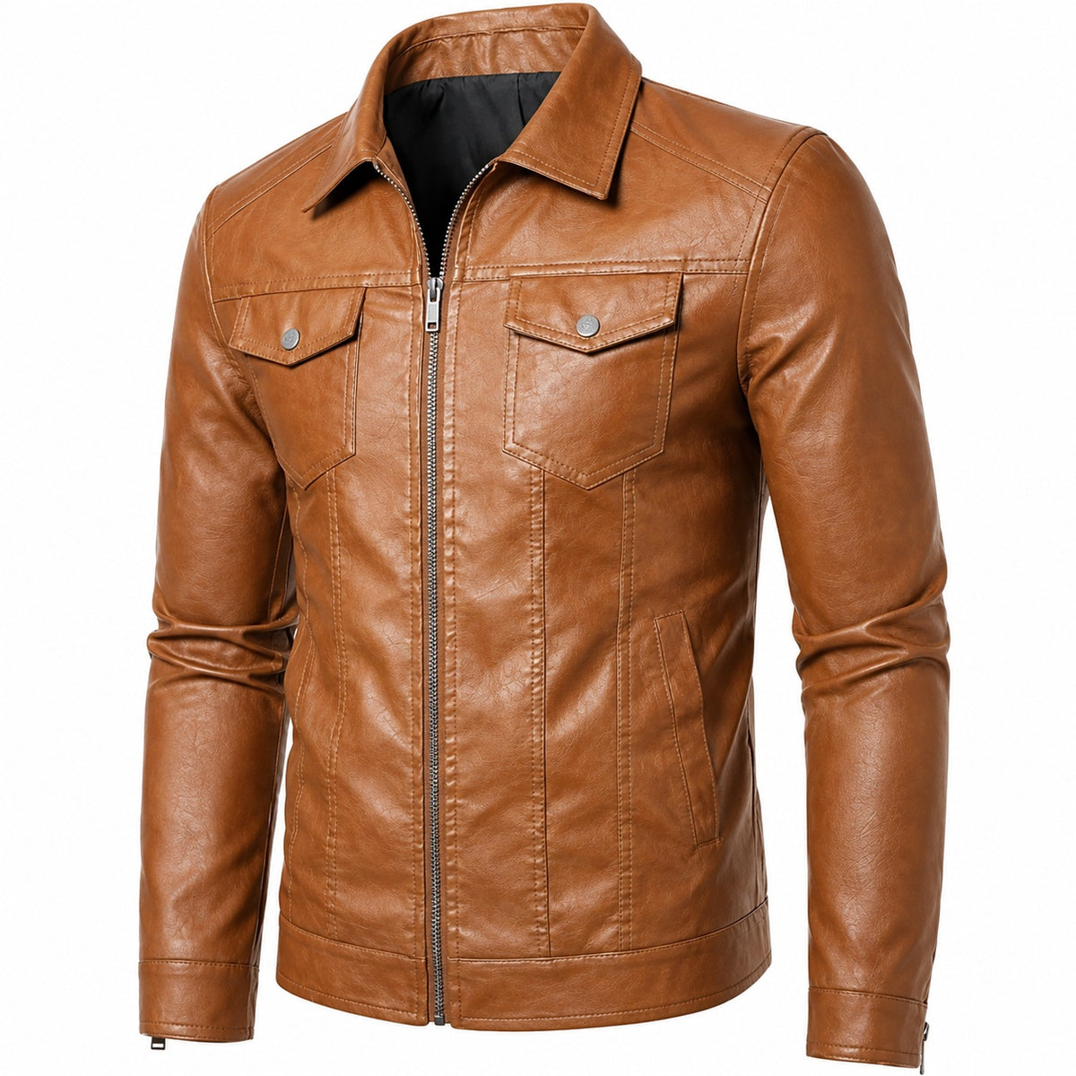 Men's Classic Shirt Collar Zip-Up Motorcycle Leather Jacket