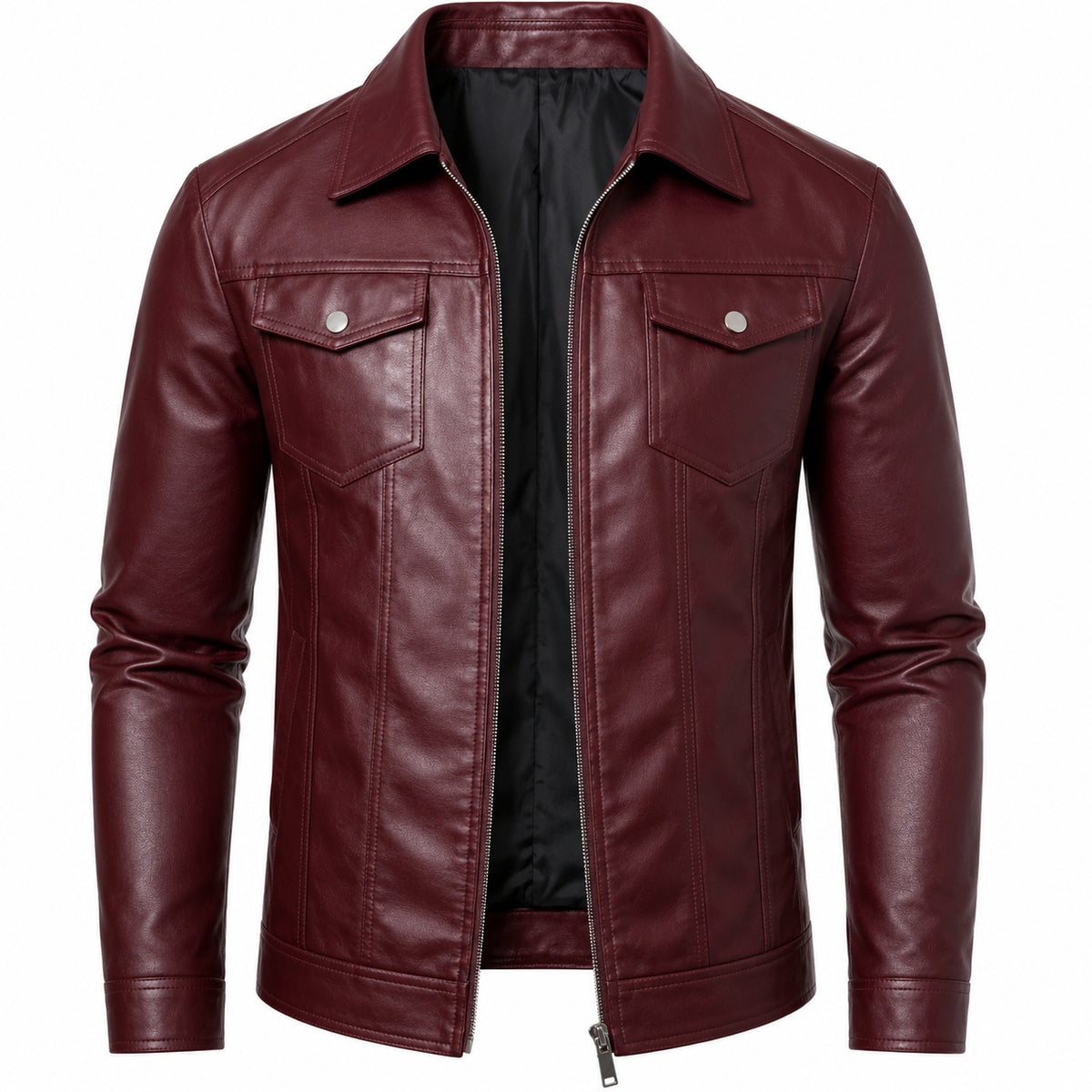 Men's Classic Shirt Collar Zip-Up Motorcycle Leather Jacket
