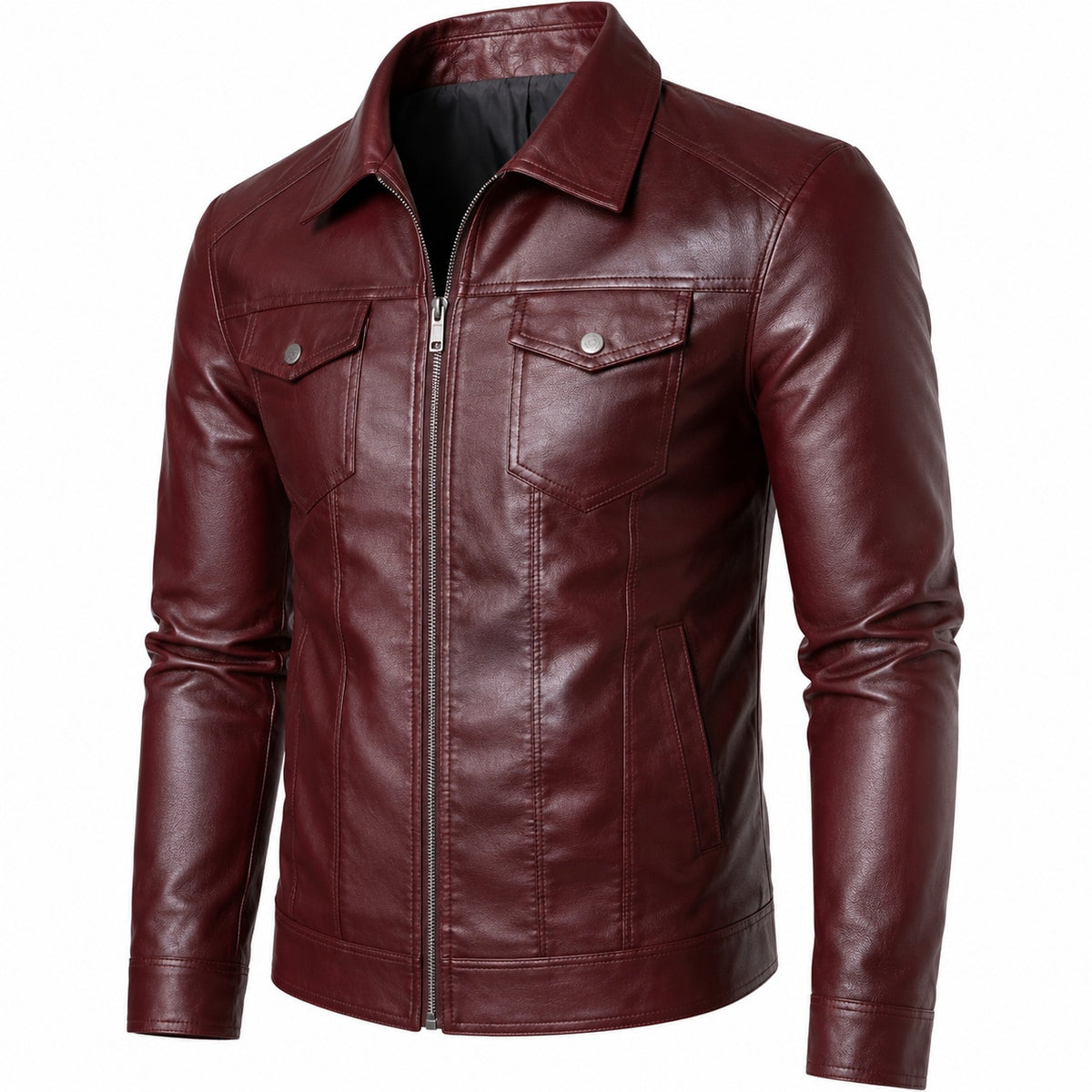 Men's Classic Shirt Collar Zip-Up Motorcycle Leather Jacket