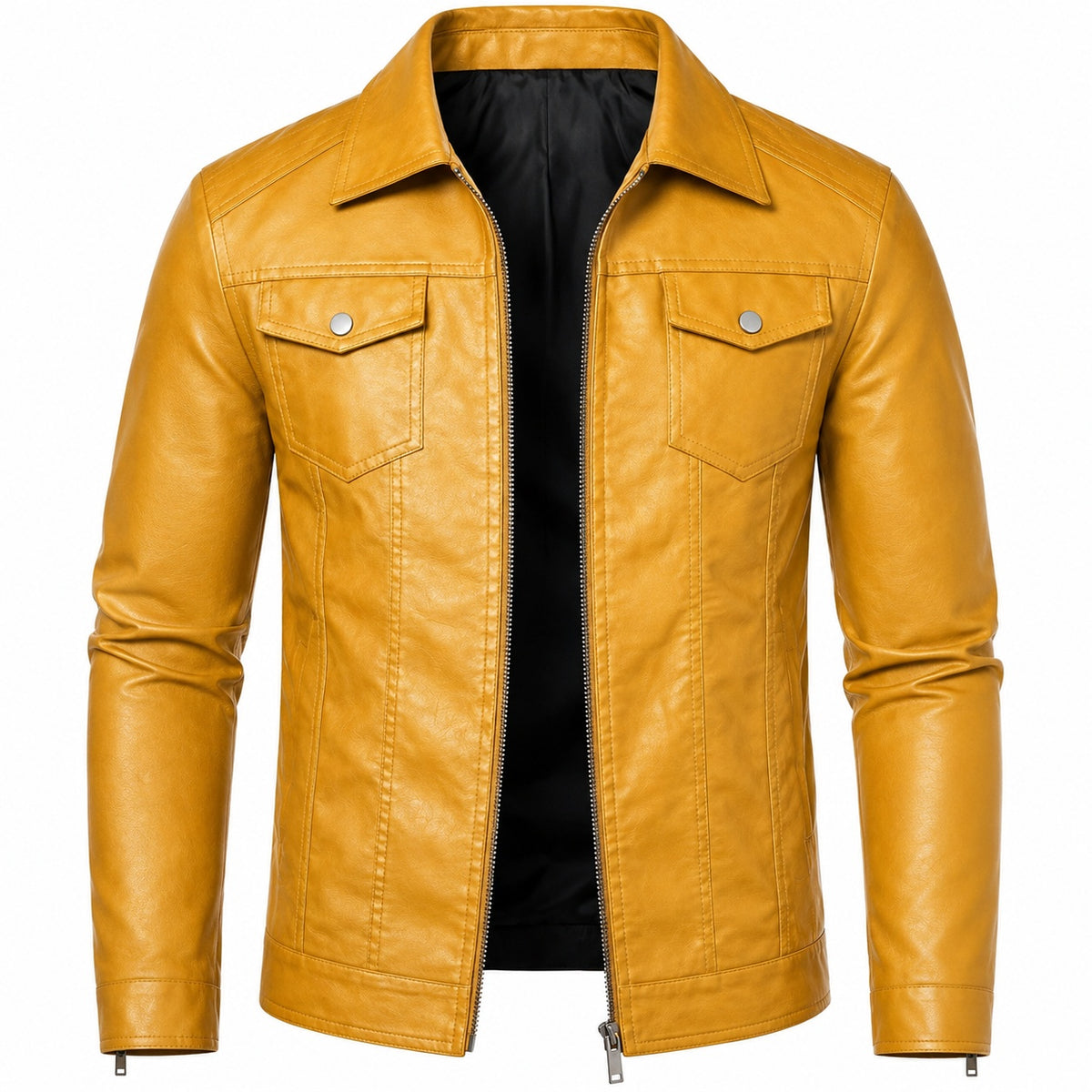 Men's Classic Shirt Collar Zip-Up Motorcycle Leather Jacket