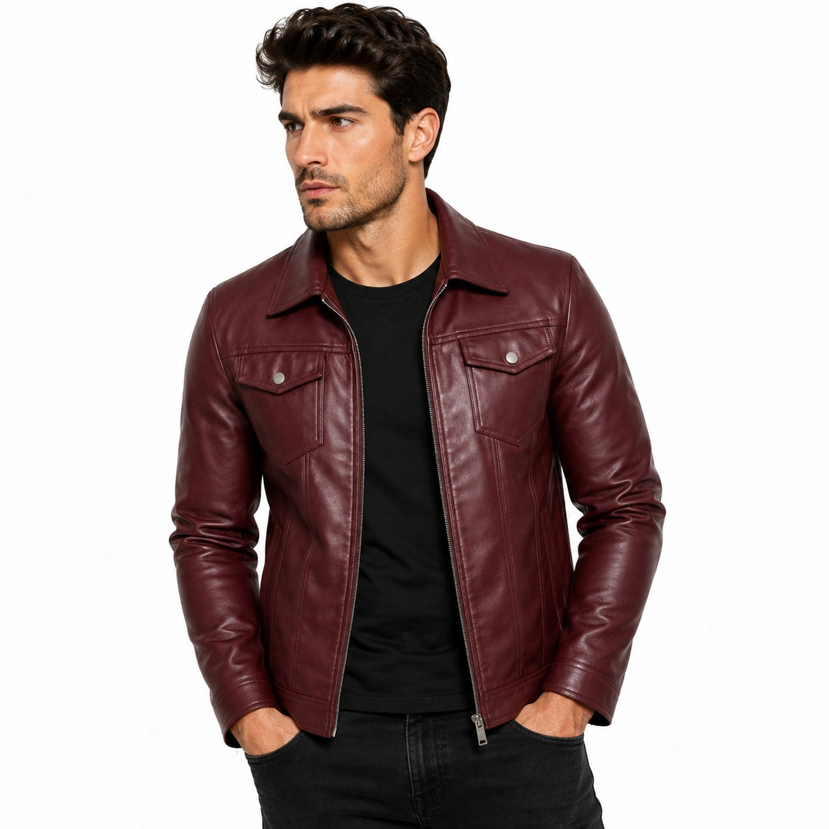 Men's Classic Shirt Collar Zip-Up Motorcycle Leather Jacket