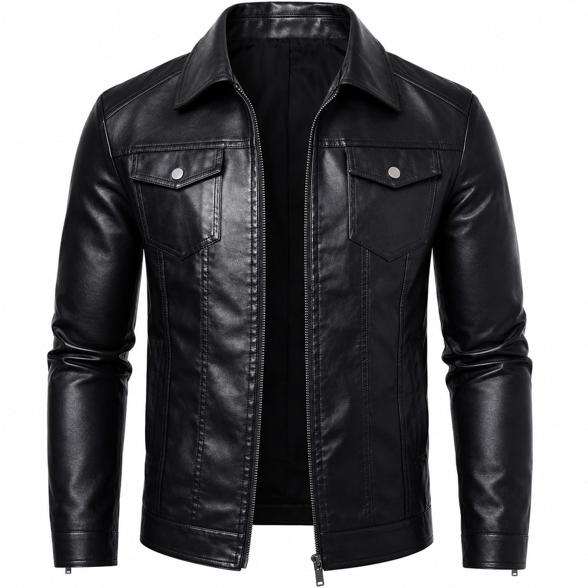 Men's Classic Shirt Collar Zip-Up Motorcycle Leather Jacket