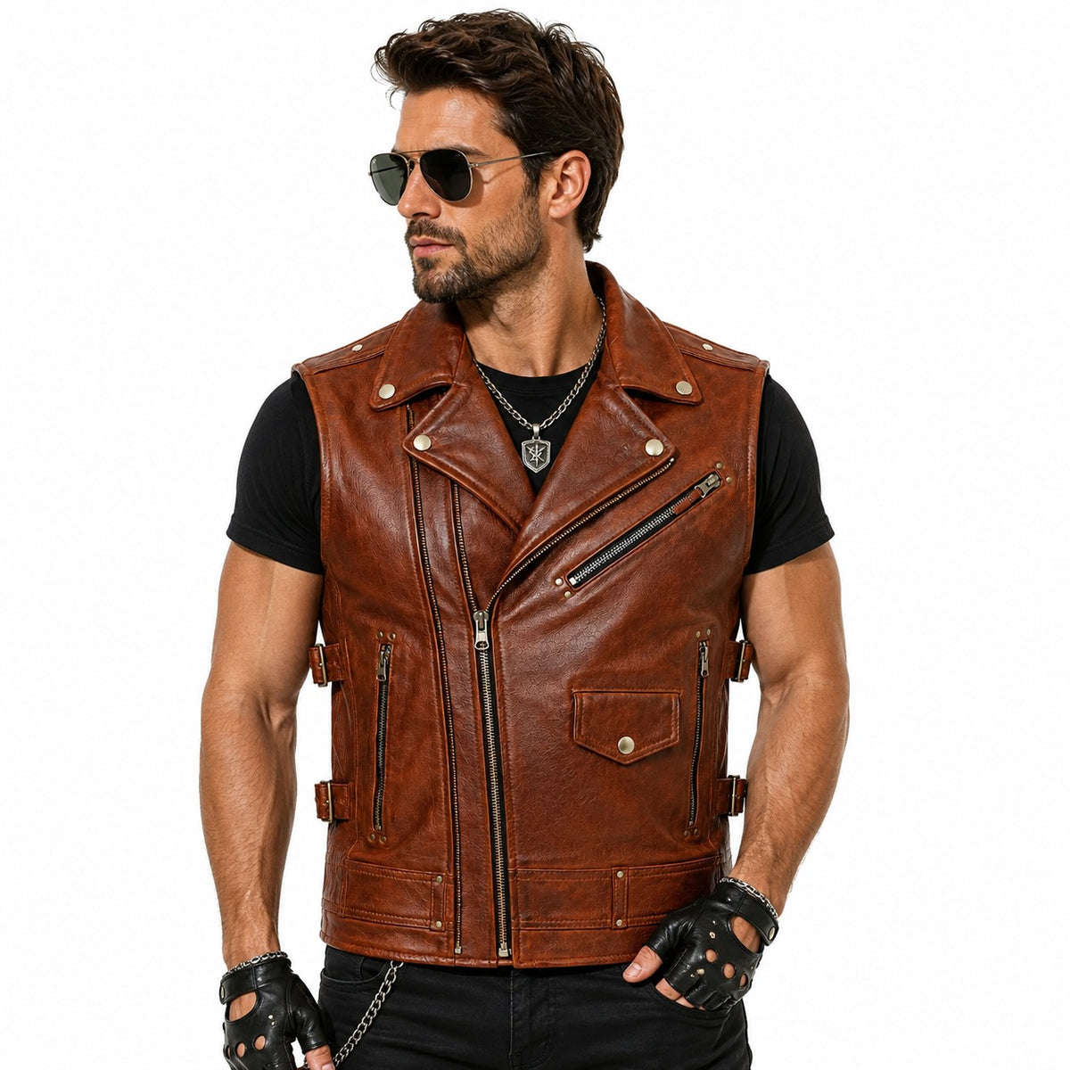 Men’s Distressed Original Leather Biker Vest
