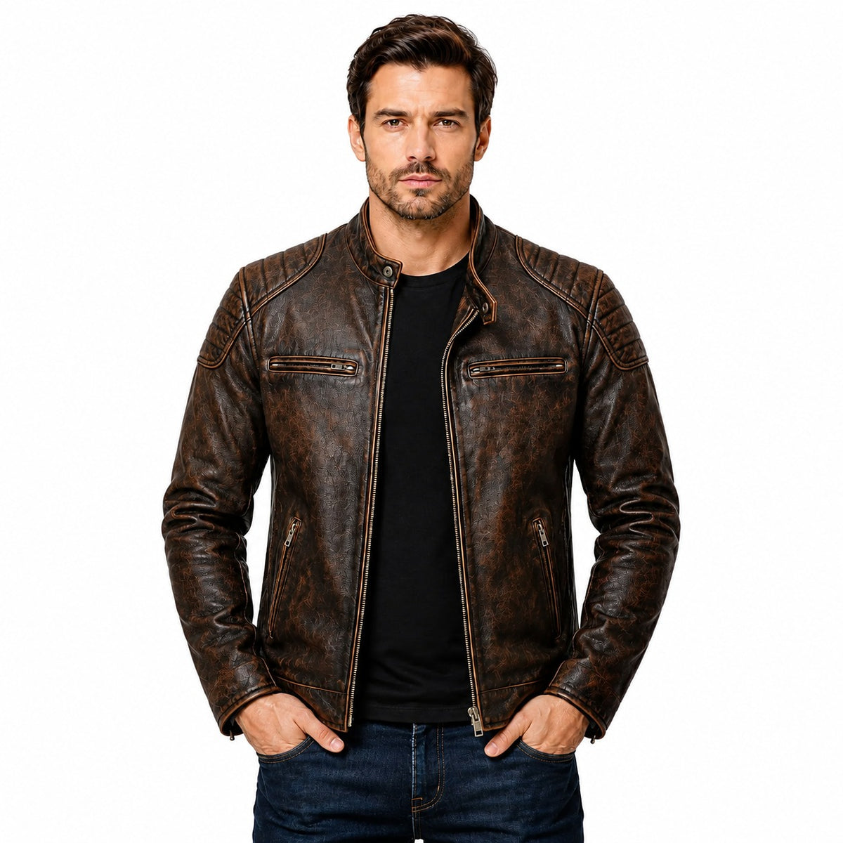Men's Brown Distressed Genuine Leather Jacket