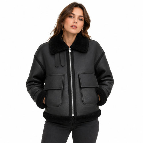 Elaris Black Shearling Leather Jacket