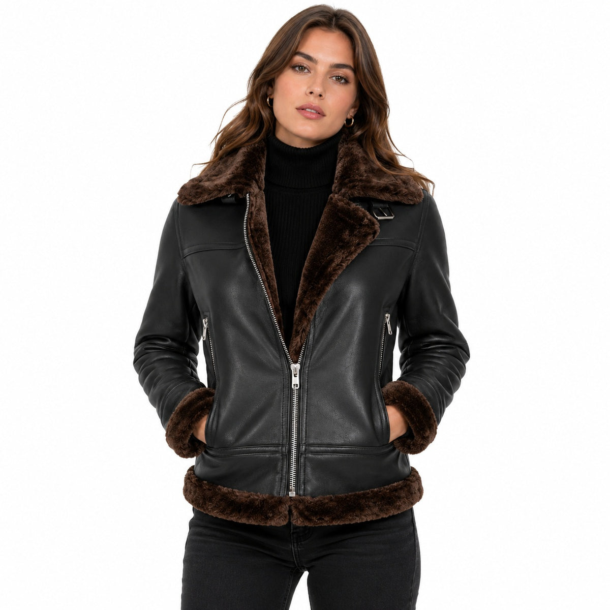 Women's Black Asymmetrical Fur Lined Leather Jacket