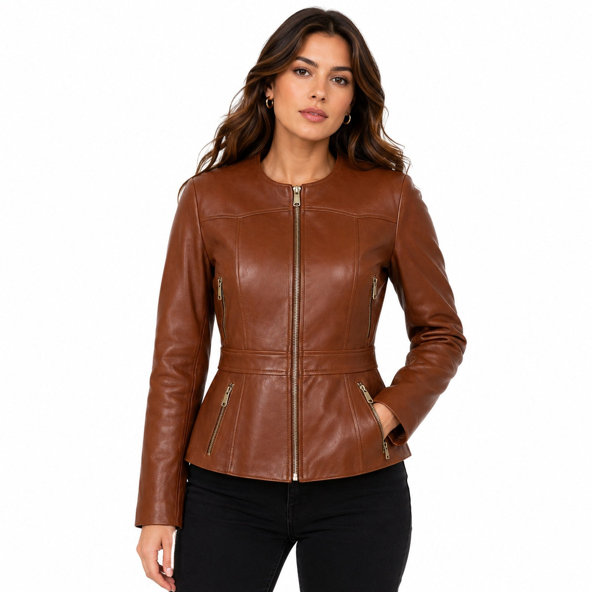 Women's Designer O Neck Biker Leather Jacket