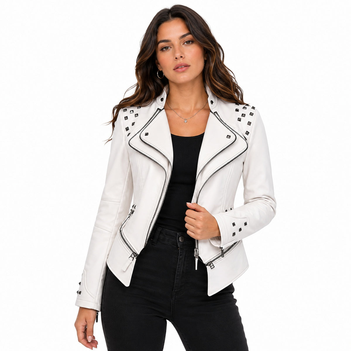 Women's Studded Slim Fit Moto Leather Jacket