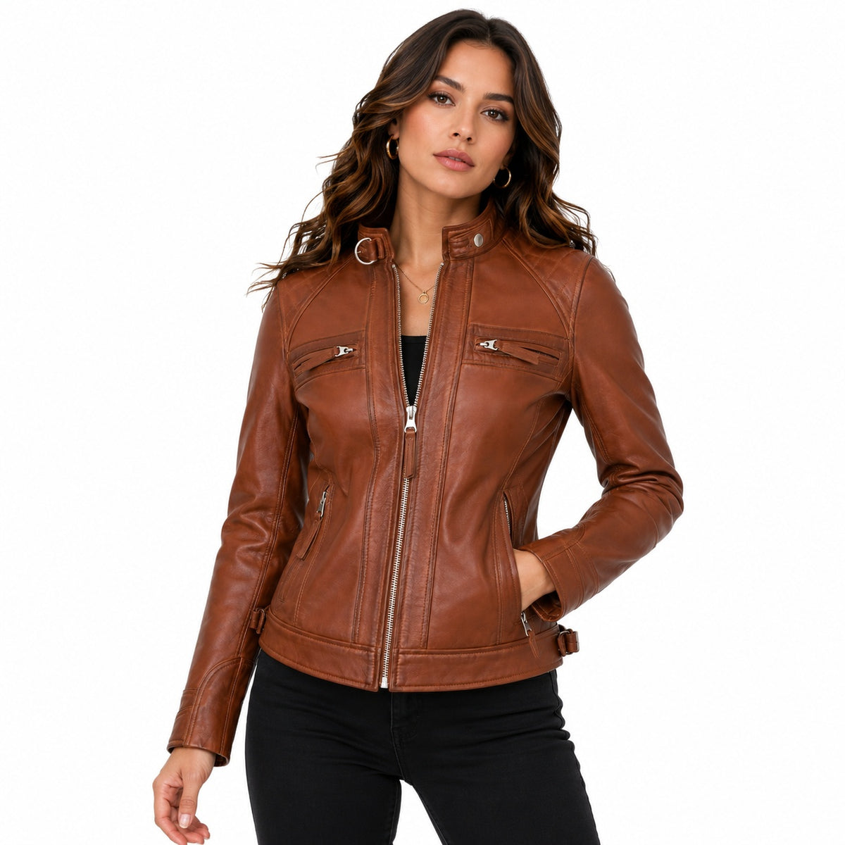 Women's Quilted Shoulder Motorcycle Leather Jacket