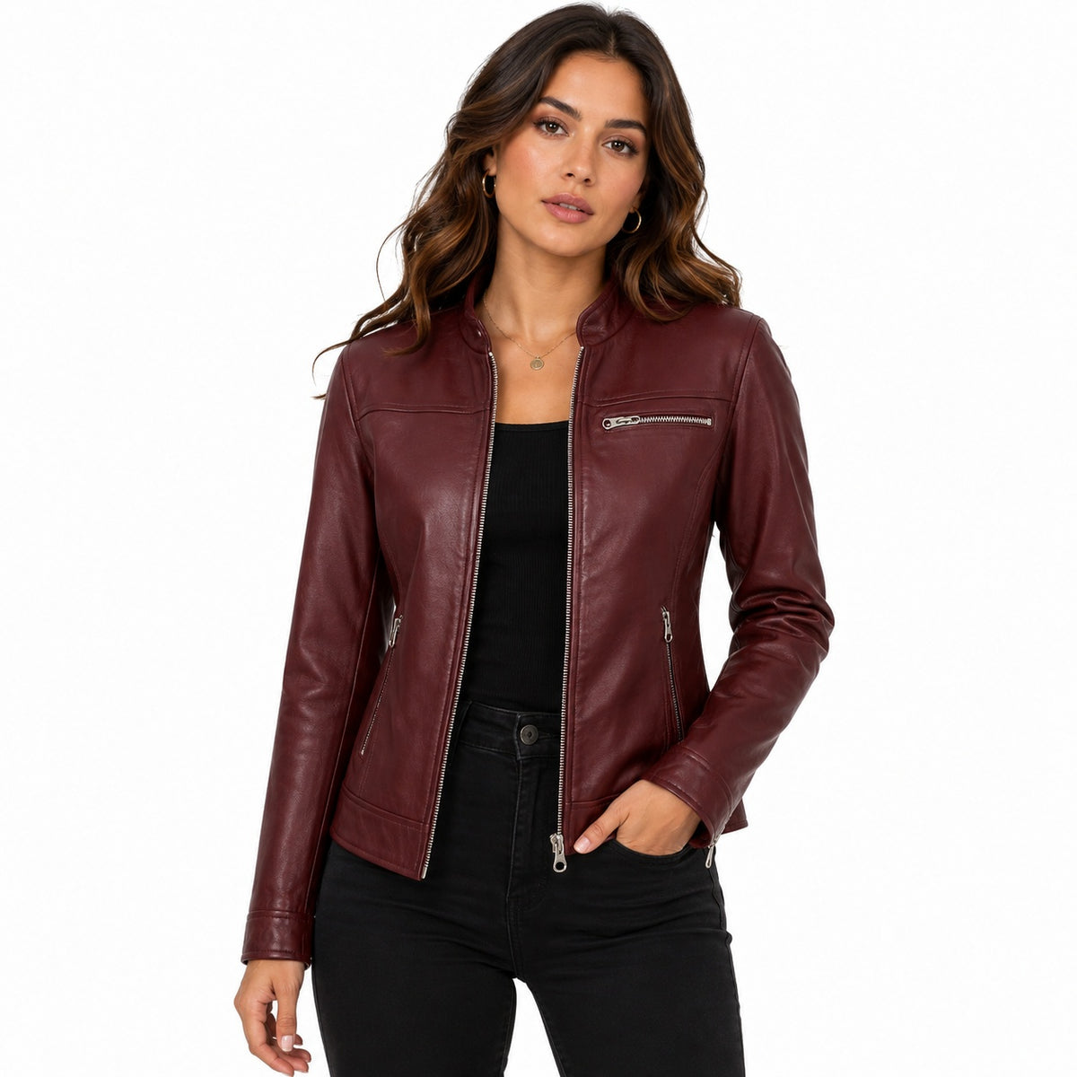 Women's Zip Up Stand Collar Biker Leather Jacket