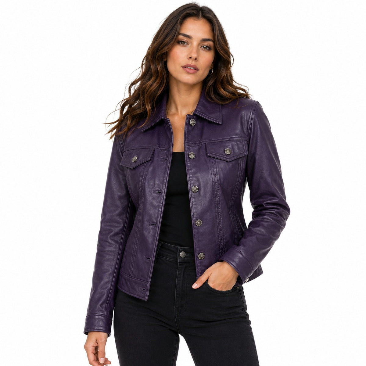 Women's Button Up Shirt Collar Original Leather Jacket