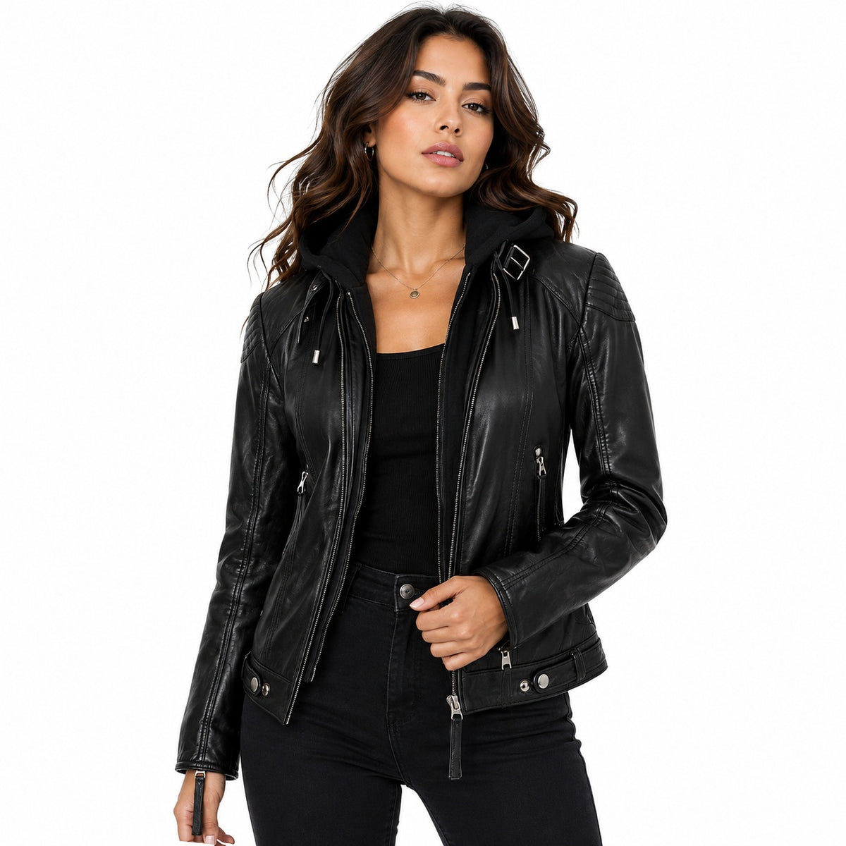 Women's Removebale Hood Biker Leather Jacket